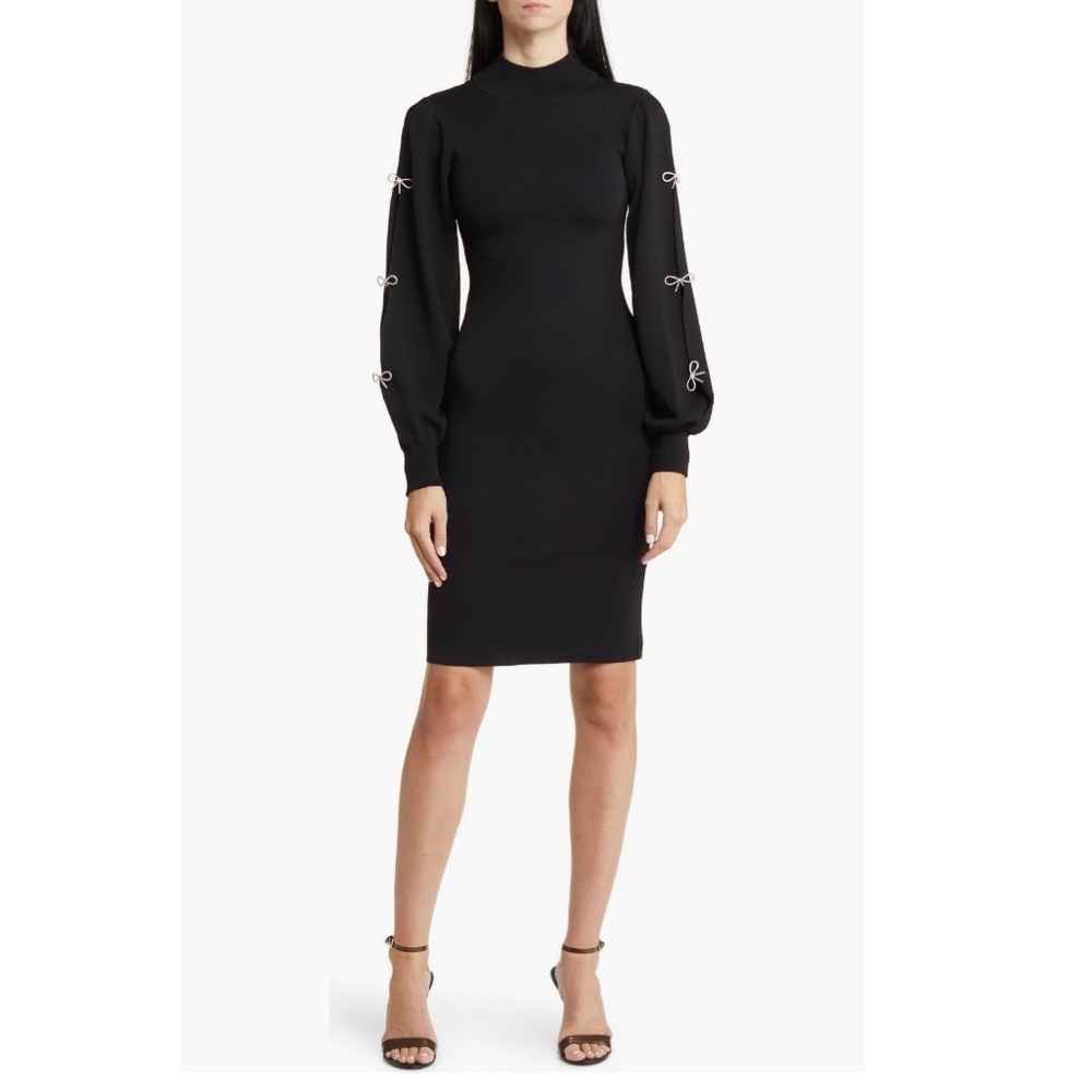 Eliza J  Black Long-Sleeve Bow-Accent Knit Midi Sweater Dress Sz Large
